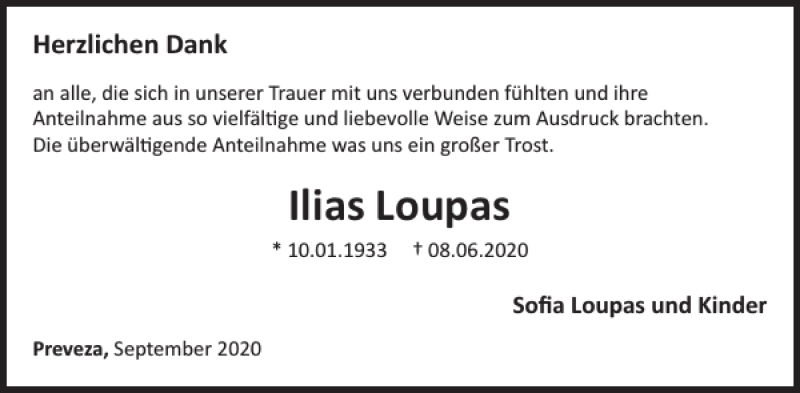  Traueranzeige für Ilias Loupas vom 02.09.2020 aus WochenSpiegel