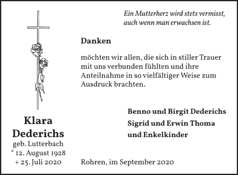  Traueranzeige für Klara Dederichs vom 16.09.2020 aus WochenSpiegel