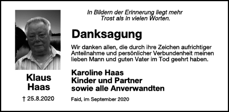  Traueranzeige für Klaus Haas vom 30.09.2020 aus WochenSpiegel
