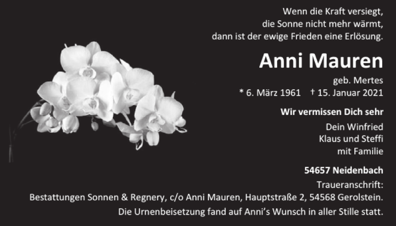  Traueranzeige für Anni Mauren vom 30.01.2021 aus WochenSpiegel