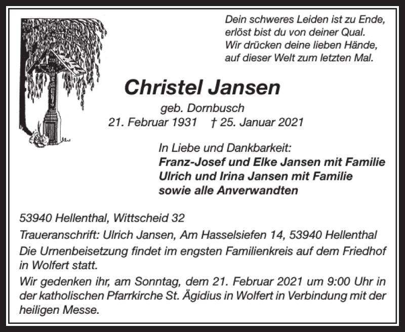  Traueranzeige für Christel Jansen vom 27.01.2021 aus WochenSpiegel