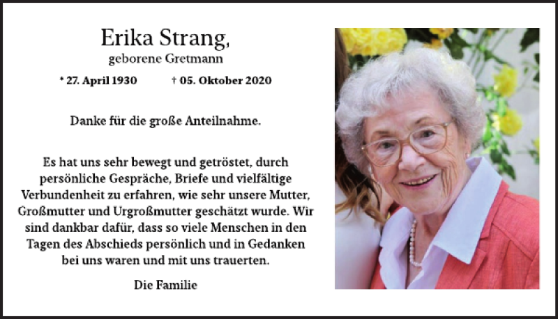  Traueranzeige für Erika Strang vom 27.01.2021 aus WochenSpiegel