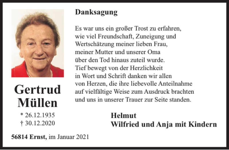  Traueranzeige für Gertrud Müllen vom 27.01.2021 aus WochenSpiegel