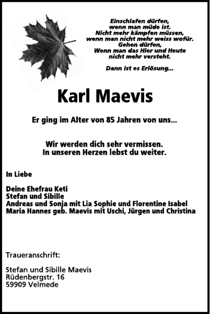  Traueranzeige für Karl Maevis vom 06.01.2021 aus WochenSpiegel
