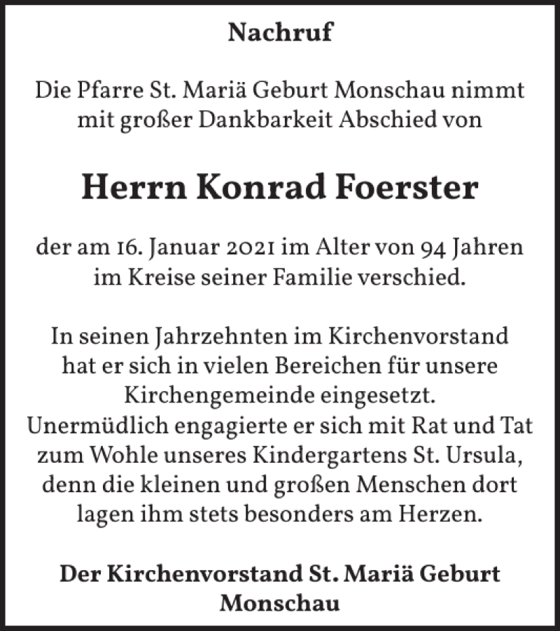  Traueranzeige für Konrad Foerster vom 27.01.2021 aus WochenSpiegel
