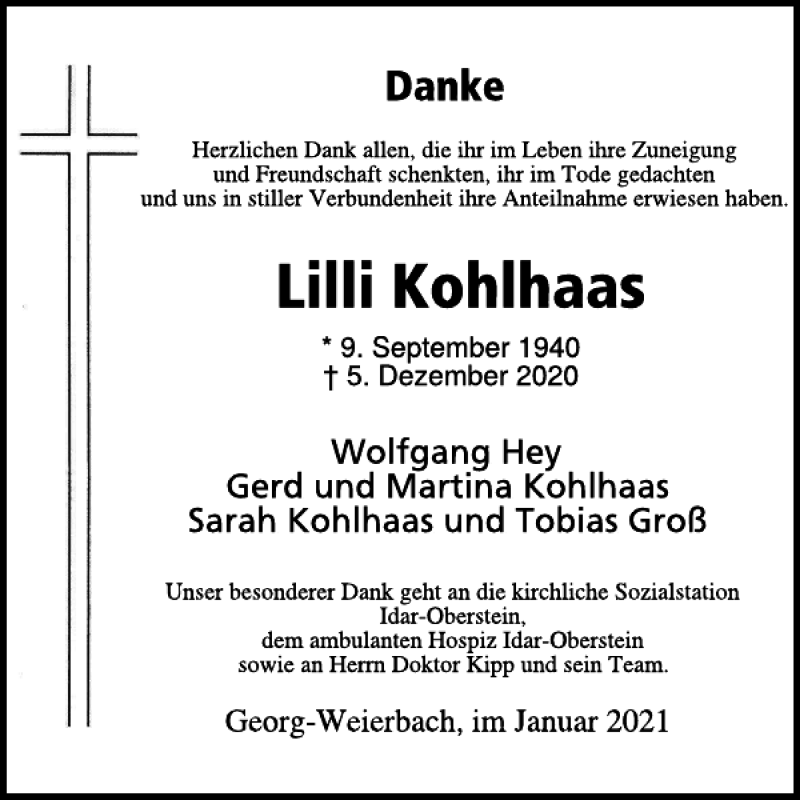  Traueranzeige für Lilli Kohlhaas vom 13.01.2021 aus WochenSpiegel