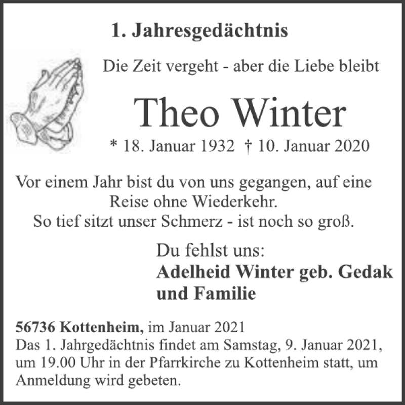  Traueranzeige für Theo Winter vom 06.01.2021 aus WochenSpiegel