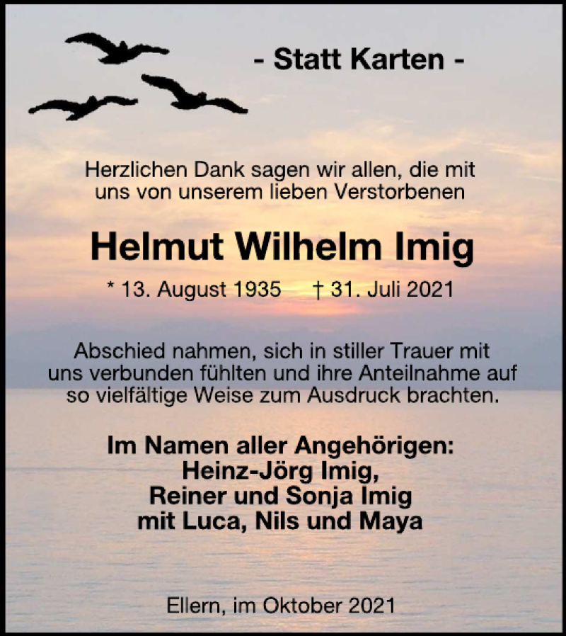  Traueranzeige für Helmut Wilhelm Imig vom 06.10.2021 aus WochenSpiegel