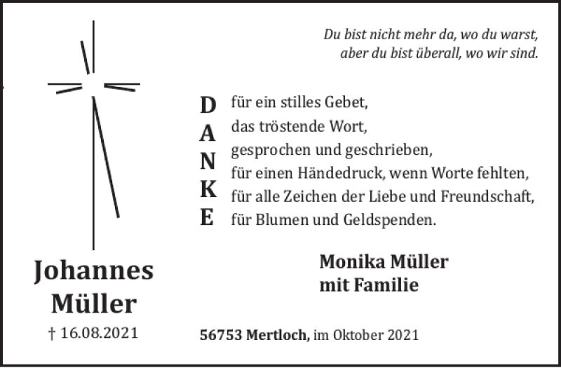  Traueranzeige für Johannes Müller vom 06.10.2021 aus WochenSpiegel