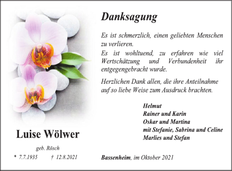  Traueranzeige für Luise Wölwer vom 13.10.2021 aus WochenSpiegel