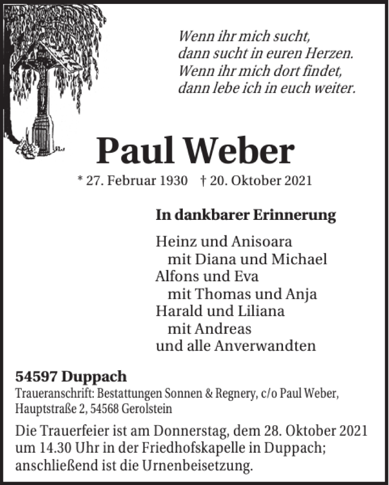  Traueranzeige für Paul Weber vom 23.10.2021 aus WochenSpiegel