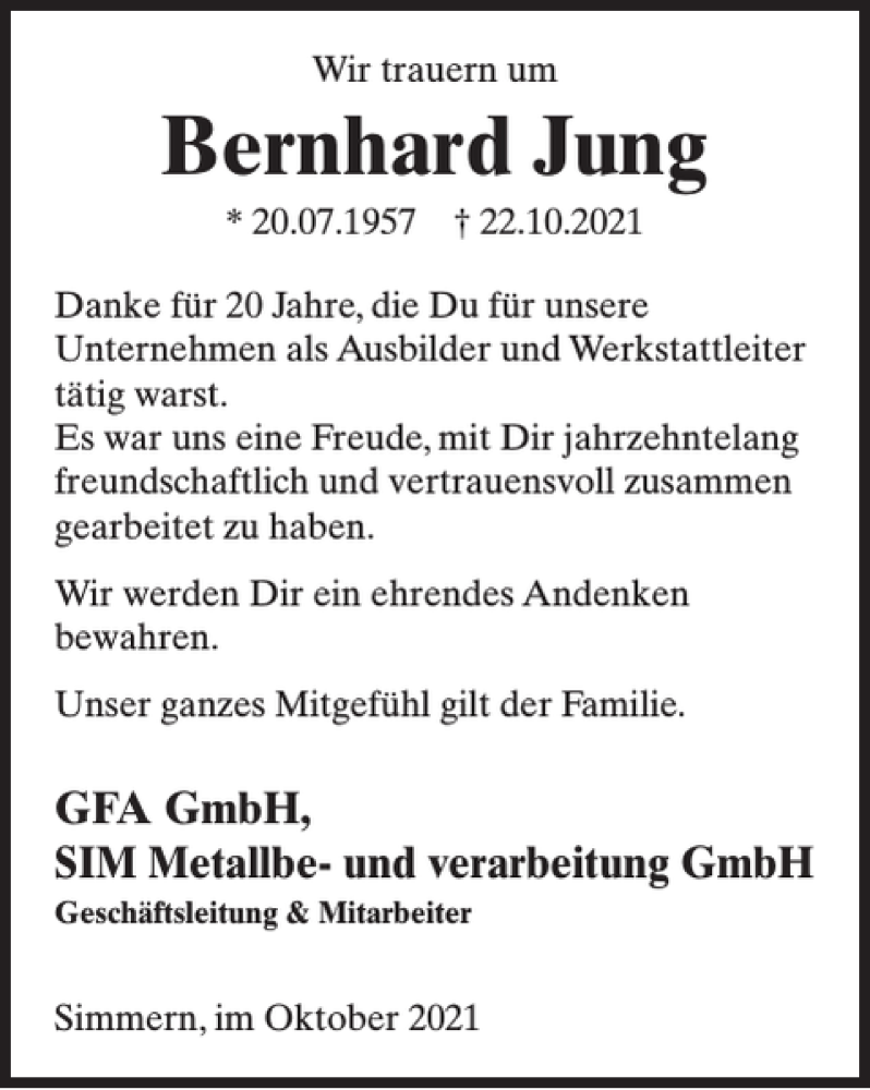  Traueranzeige für Bernhard Jung vom 03.11.2021 aus WochenSpiegel