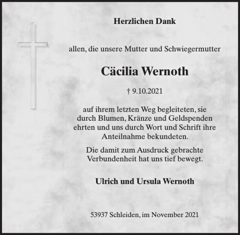  Traueranzeige für Cäcilia Wernoth vom 03.11.2021 aus WochenSpiegel