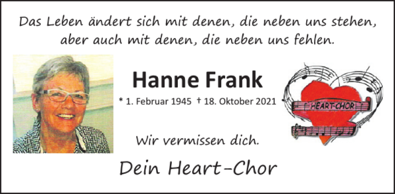  Traueranzeige für Hanne Frank vom 10.11.2021 aus WochenSpiegel