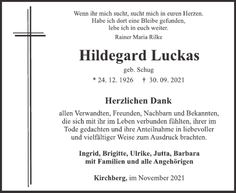  Traueranzeige für Hildegard Luckas vom 10.11.2021 aus WochenSpiegel