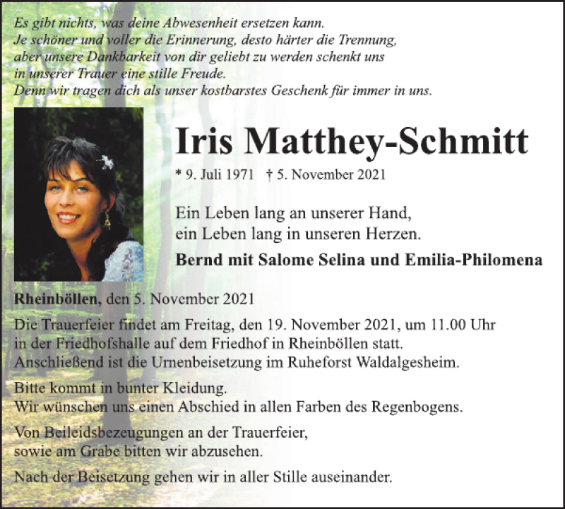  Traueranzeige für Iris Matthey-Schmitt vom 10.11.2021 aus WochenSpiegel