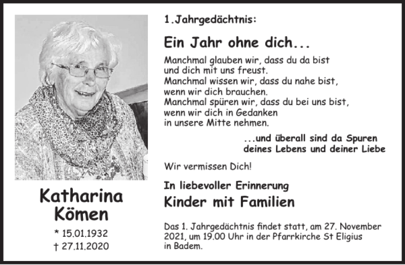  Traueranzeige für Katharina Kömen vom 19.11.2021 aus WochenSpiegel
