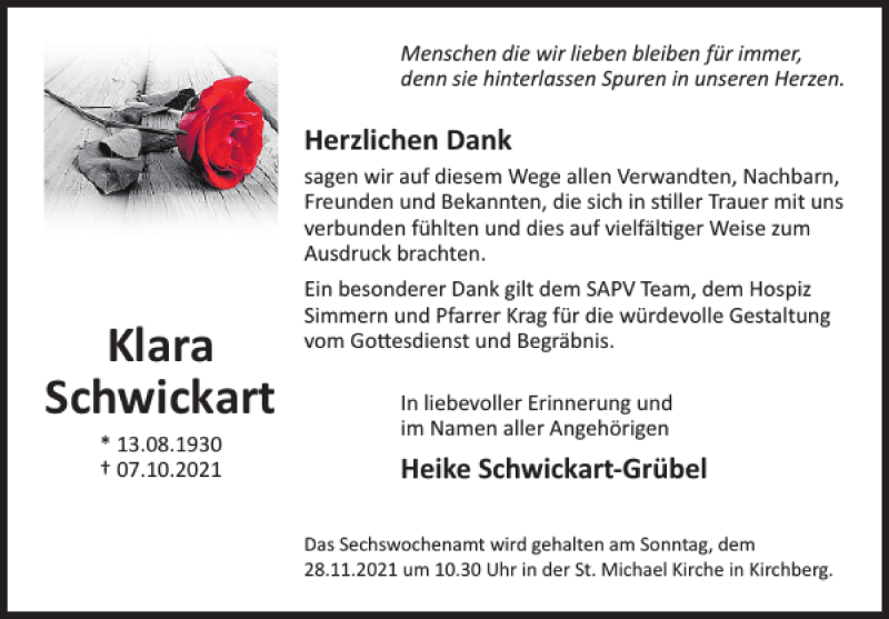  Traueranzeige für Klara Schwickart vom 10.11.2021 aus WochenSpiegel