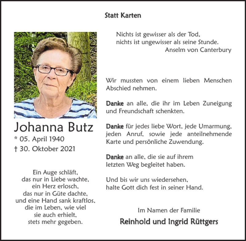  Traueranzeige für Johanna Butz vom 08.12.2021 aus WochenSpiegel