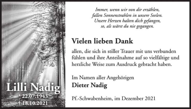  Traueranzeige für Lilli Nadig vom 22.12.2021 aus WochenSpiegel