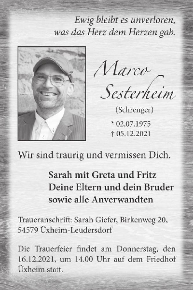  Traueranzeige für Marco Sesterheim vom 11.12.2021 aus WochenSpiegel