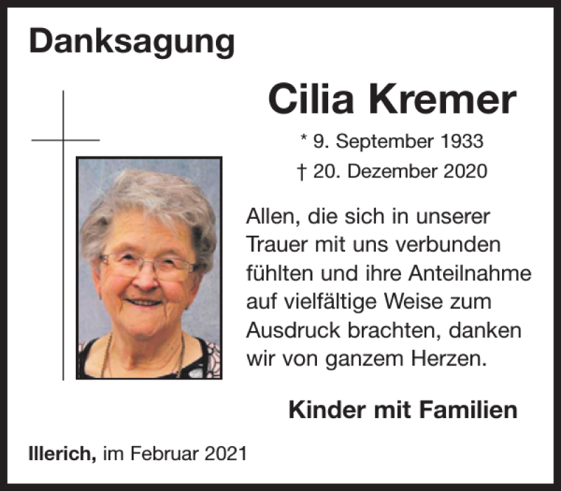  Traueranzeige für Cilia Kremer vom 10.02.2021 aus WochenSpiegel