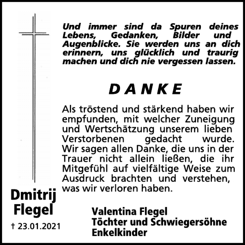  Traueranzeige für Dmitrij Flegel vom 10.02.2021 aus WochenSpiegel