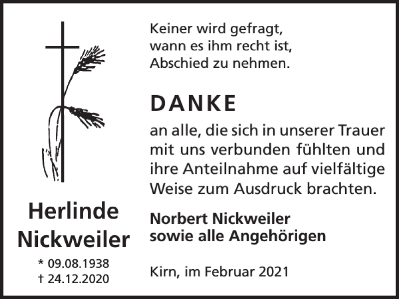  Traueranzeige für Herlinde Nickweiler vom 17.02.2021 aus WochenSpiegel