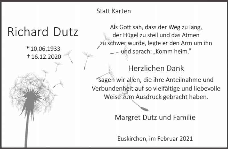  Traueranzeige für Richard Dutz vom 03.02.2021 aus WochenSpiegel