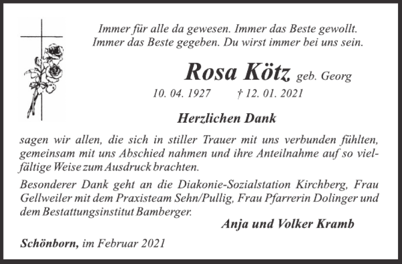  Traueranzeige für Rosa Kötz vom 24.02.2021 aus WochenSpiegel