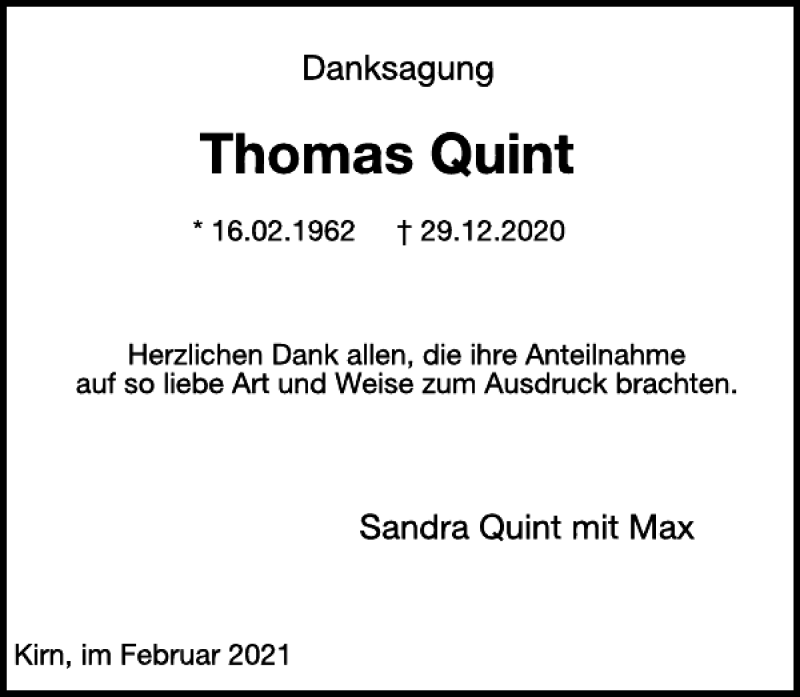  Traueranzeige für Thomas Quint vom 03.02.2021 aus WochenSpiegel