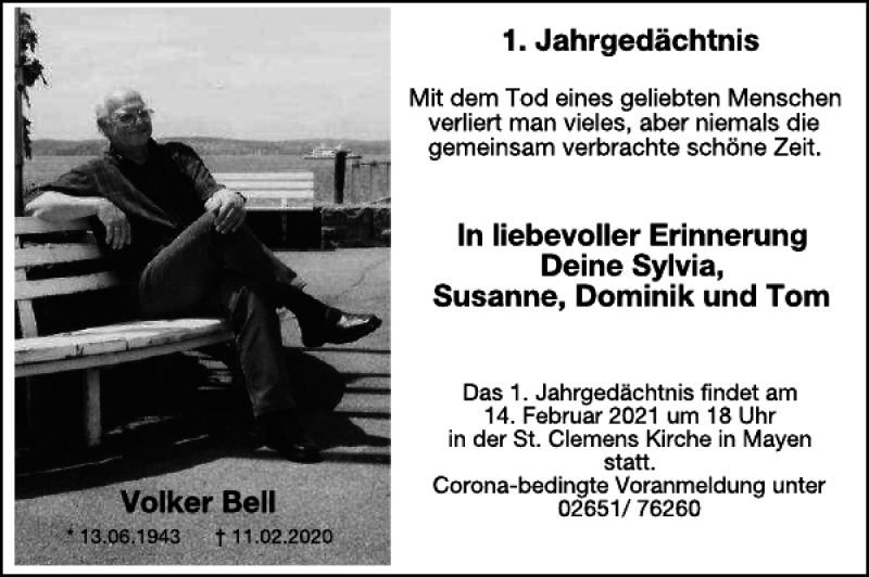  Traueranzeige für Volker Bell vom 03.02.2021 aus WochenSpiegel
