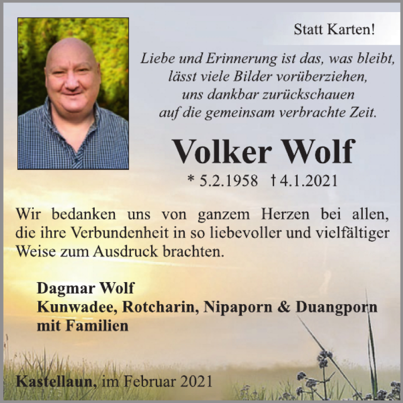  Traueranzeige für Volker Wolf vom 10.02.2021 aus WochenSpiegel