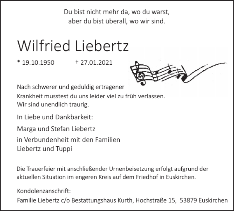  Traueranzeige für Wilfried Liebertz vom 10.02.2021 aus WochenSpiegel