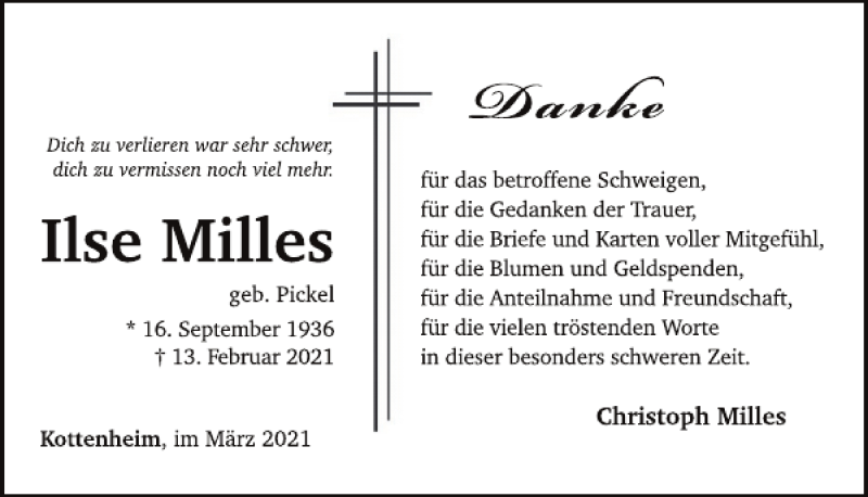  Traueranzeige für Ilse Milles vom 31.03.2021 aus WochenSpiegel