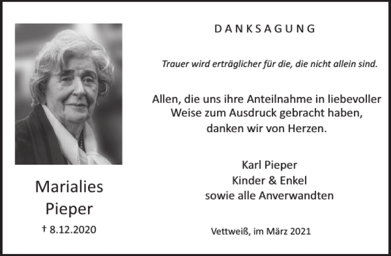  Traueranzeige für Marialies Pieper vom 03.03.2021 aus WochenSpiegel