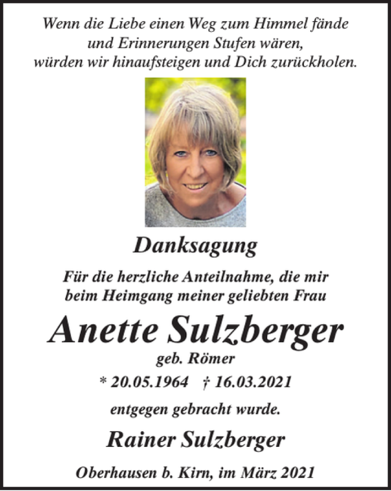  Traueranzeige für Anette Sulzberger vom 14.04.2021 aus WochenSpiegel