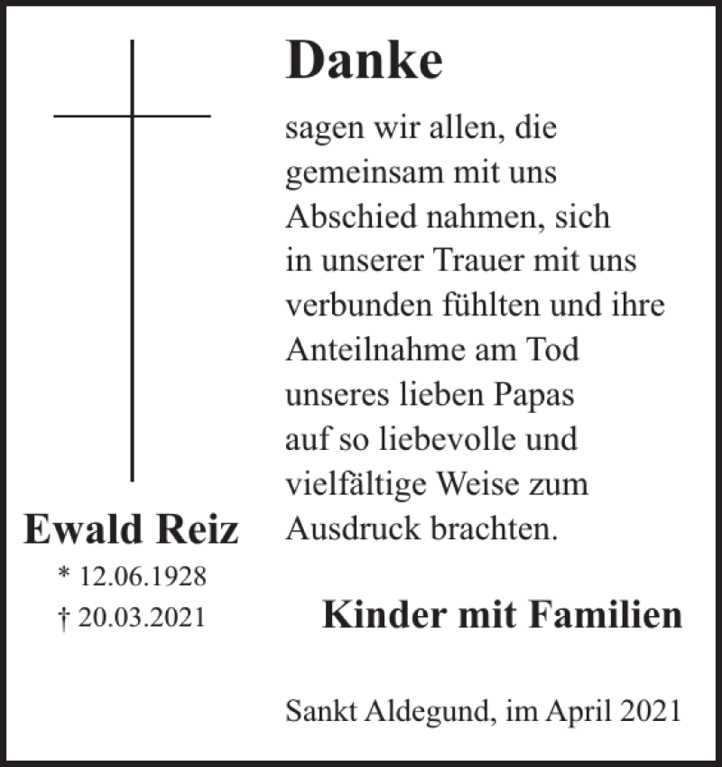  Traueranzeige für Ewald Reiz vom 28.04.2021 aus WochenSpiegel
