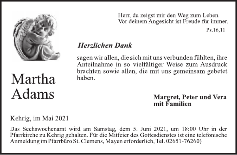  Traueranzeige für Martha Adams vom 26.05.2021 aus WochenSpiegel