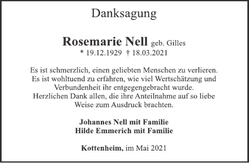  Traueranzeige für Rosemarie Nell vom 05.05.2021 aus WochenSpiegel