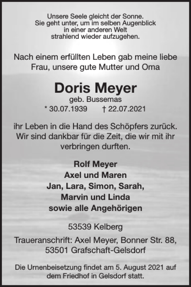  Traueranzeige für Doris Meyer vom 31.07.2021 aus WochenSpiegel