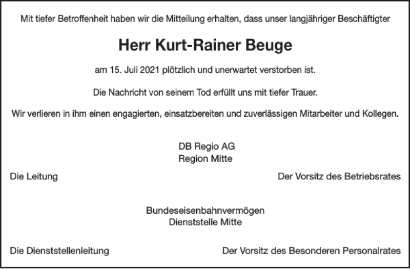  Traueranzeige für Kurt-Rainer Beuge vom 04.08.2021 aus WochenSpiegel