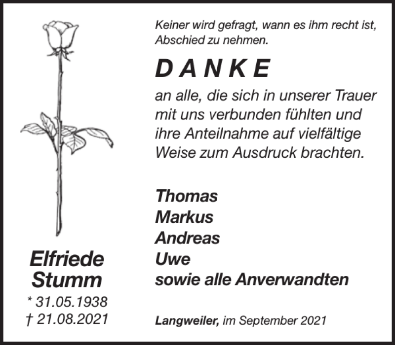  Traueranzeige für Elfriede Stumm vom 22.09.2021 aus WochenSpiegel