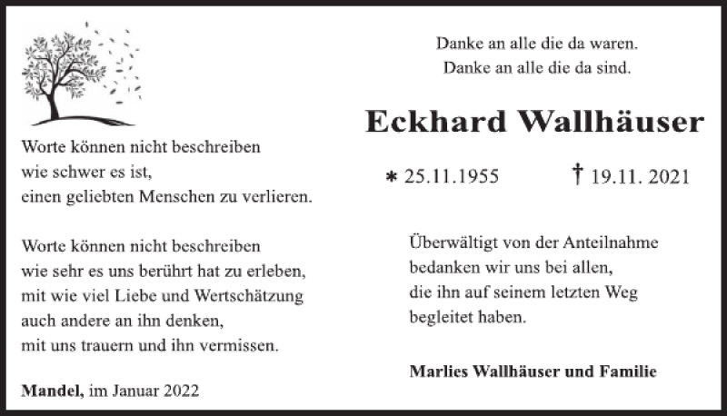  Traueranzeige für Eckhard Wallhäuser vom 19.01.2022 aus WochenSpiegel