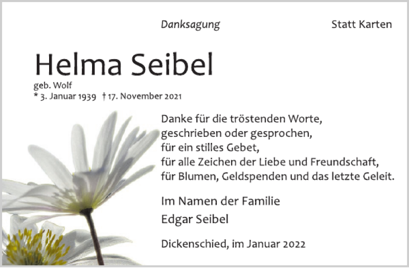  Traueranzeige für Helma Seibel vom 19.01.2022 aus WochenSpiegel