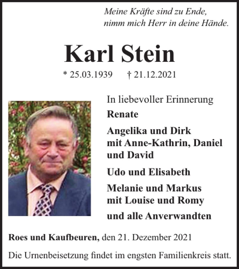  Traueranzeige für Karl Stein vom 01.01.2022 aus WochenSpiegel