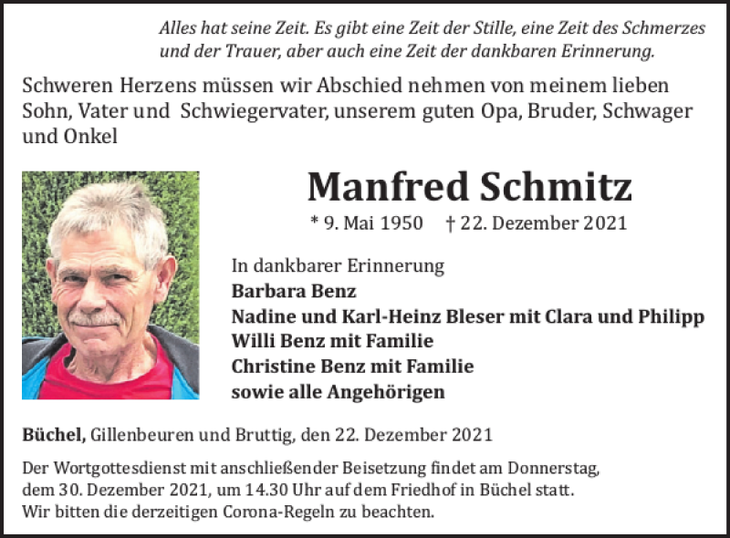  Traueranzeige für Manfred Schmitz vom 01.01.2022 aus WochenSpiegel