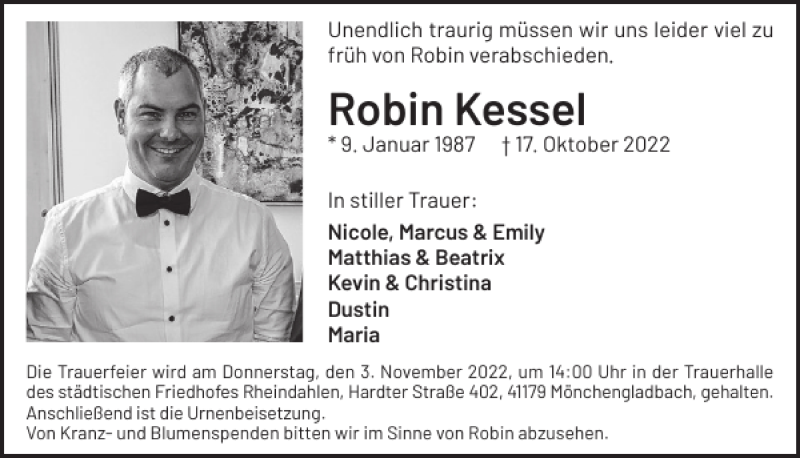  Traueranzeige für Robin Kessel vom 26.10.2022 aus WochenSpiegel