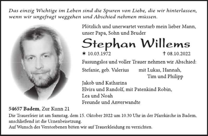  Traueranzeige für Stephan Willems vom 14.10.2022 aus WochenSpiegel