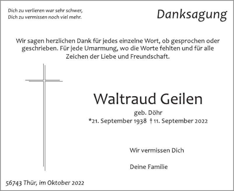  Traueranzeige für Waltraud Geilen vom 05.10.2022 aus WochenSpiegel